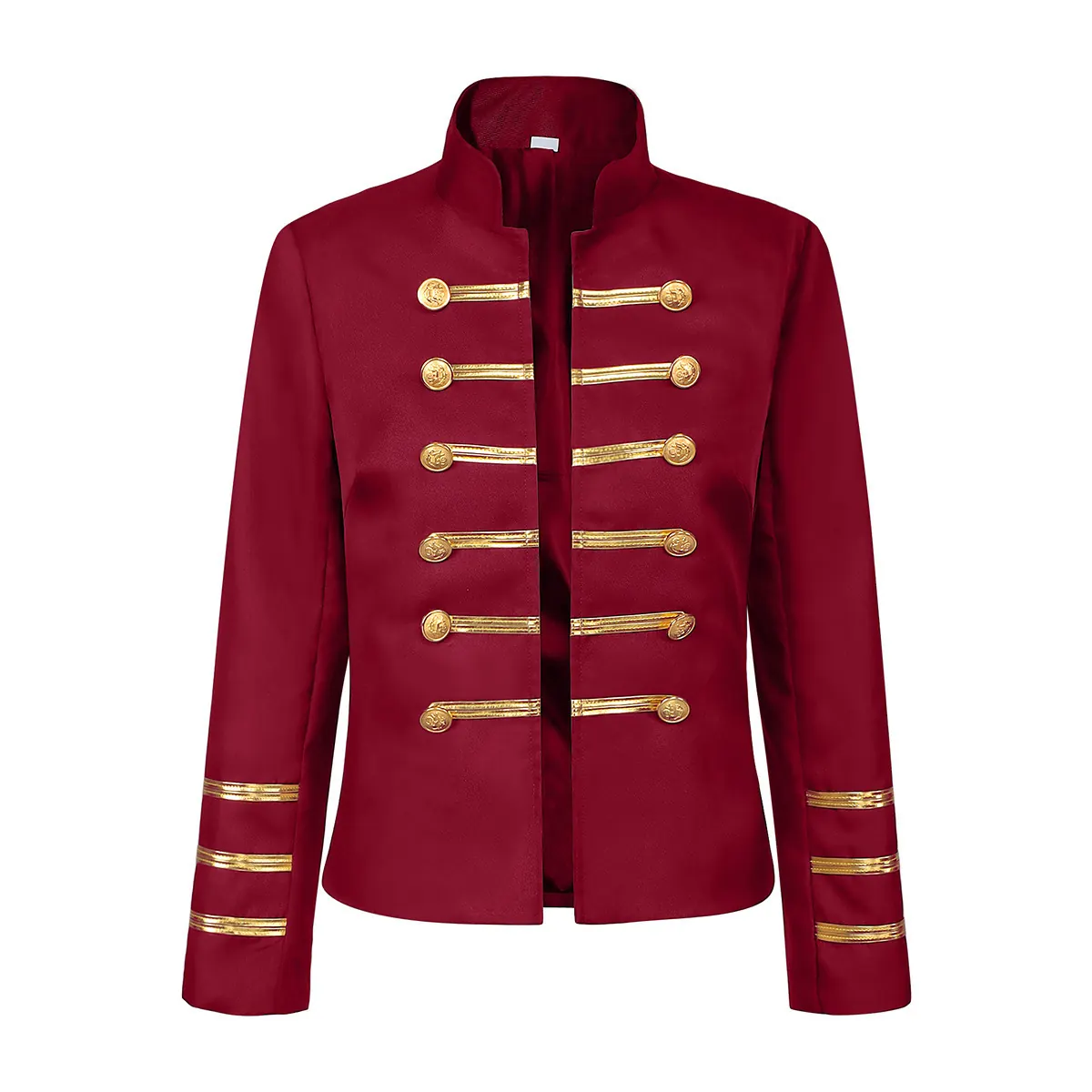 Women's medieval court-style stage jacket with a stand collar, gold button details, and double-breasted front.
