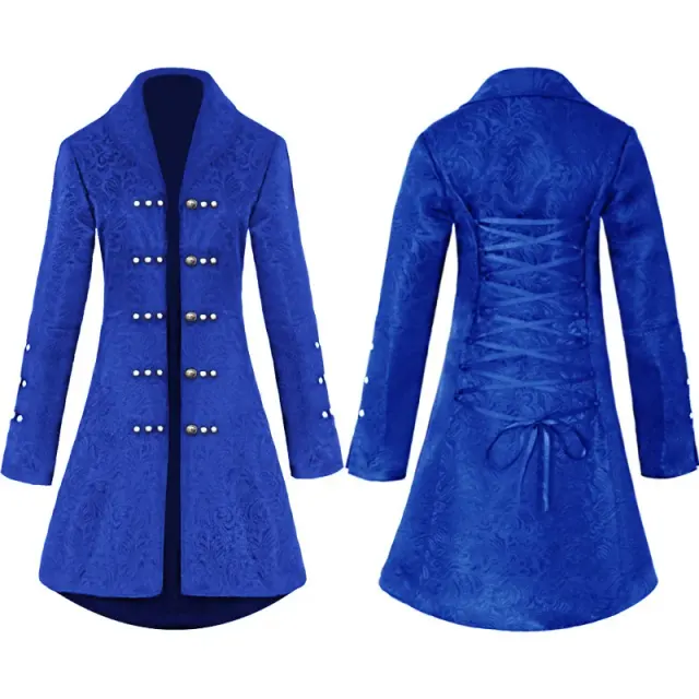 Blue women's medieval-style jacquard midi dress shown as a stage costume.