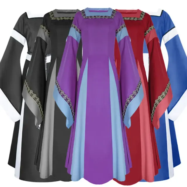 A women's red medieval Renaissance long dress designed for theater and cosplay costumes.