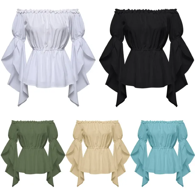 Women's solid off-shoulder short-sleeve top with a ruffled trim, shown in white.
