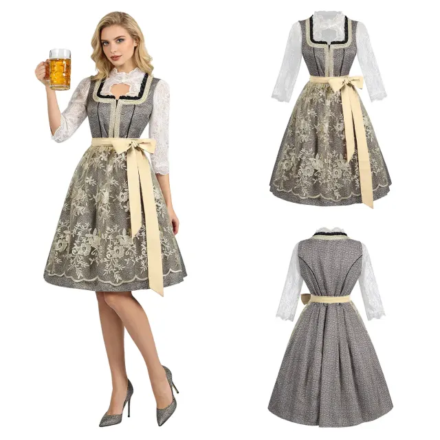 Women's Bavarian-style Oktoberfest dress with a lace bodice, shown in the new beer dress style.