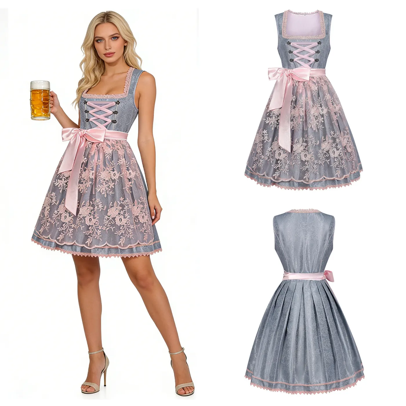 Women's Oktoberfest Dirndl dress with vintage lace details and a lace-up bodice in a traditional Bavarian festival style.
