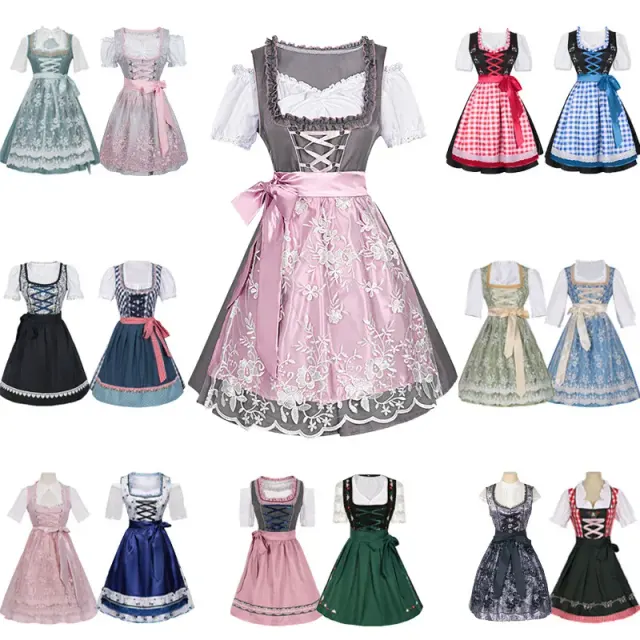 Women's Oktoberfest lace maid dress set with color-block detailing, shown as a theatrical costume.