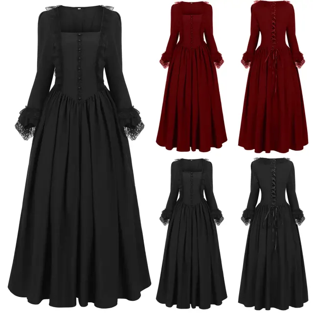 A women's plus-size red Renaissance lace court dress with vintage-inspired details.