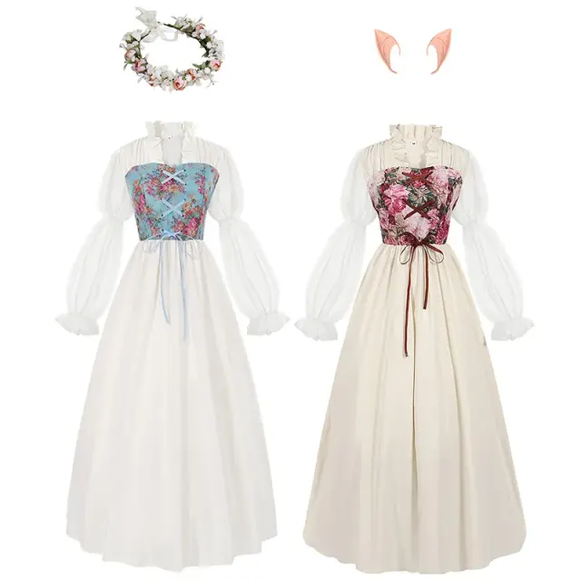 Weißes Renaissance-Hofkleid für Damen mit Korsett-Taille mit Schnürung und langem Rock für Bühnen-Cosplay.