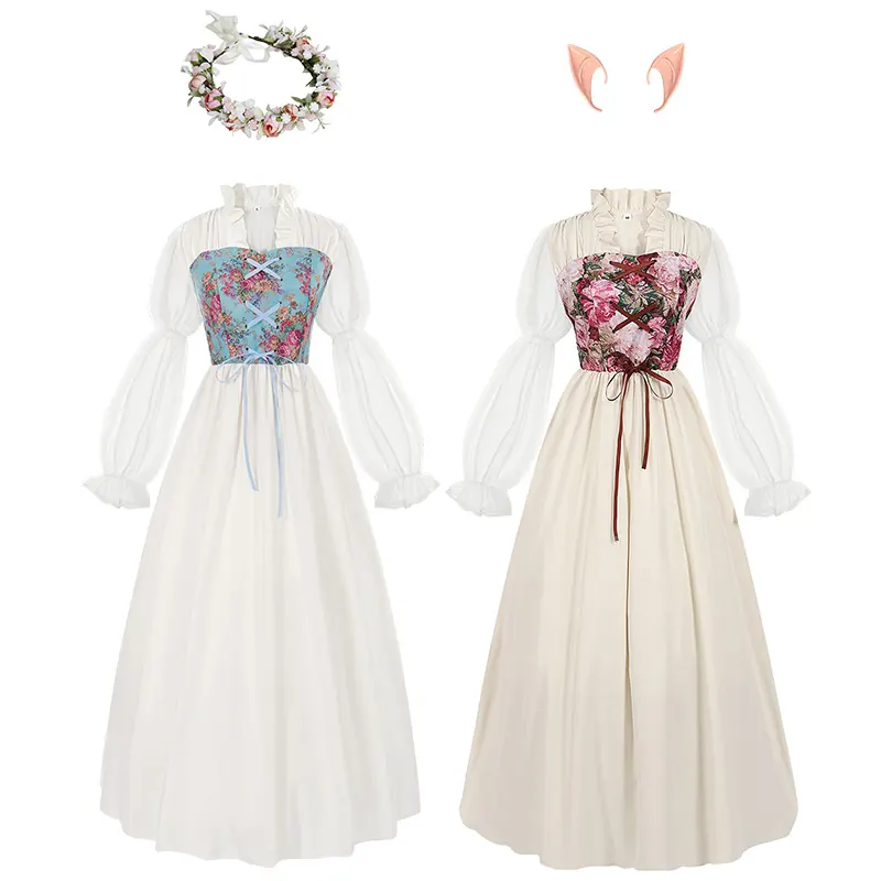 Women's white Renaissance court dress with a lace-up corset waist and long skirt for stage cosplay.