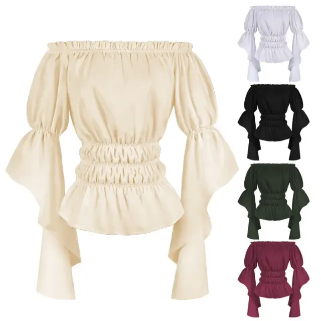 White women's Renaissance-style off-shoulder blouse with ruffled sleeves and a waist-cinching design.