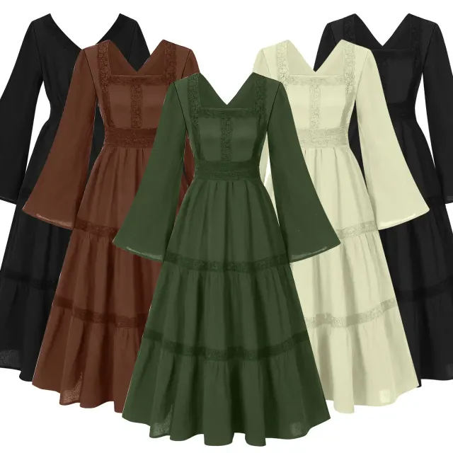Women's black Renaissance-style long dress with a square neckline, flared sleeves, and lace trim.
