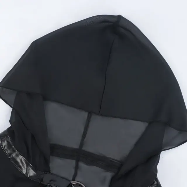 Women's Sheer Black Hooded Cape with Tie Closure detail 5