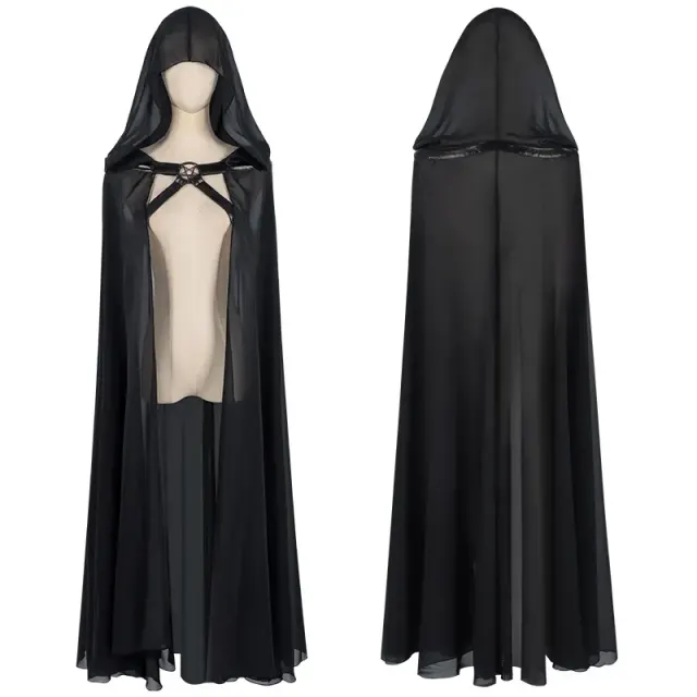 A black sheer hooded cape with a front tie closure and a lightweight one-size design.