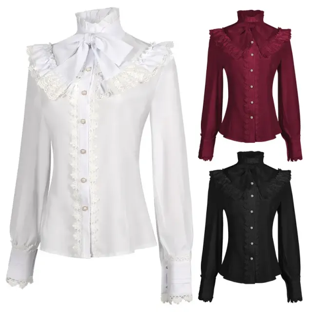 A white Victorian-inspired Gothic long-sleeve shirt with lace detailing and embroidery.