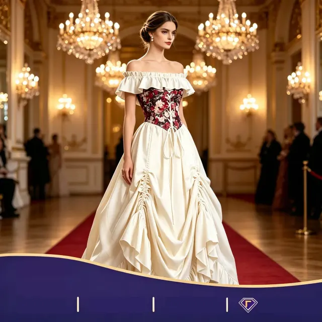 A women's Victorian-style beige jacquard corset dress with a strapless bodice and court-inspired details.