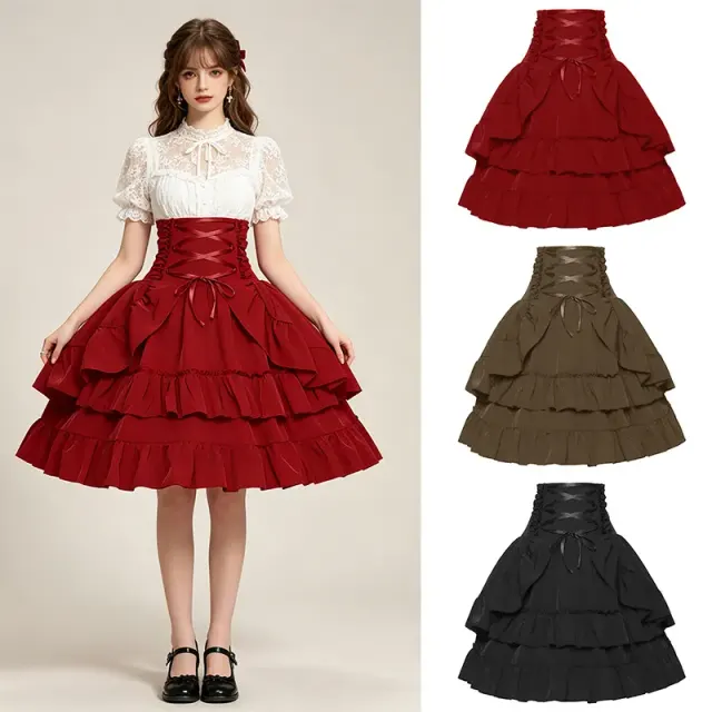 Falda cortesana de cintura alta de estilo victoriano en color negro con diseño de doble capa para disfraces de Renacimiento y Halloween.