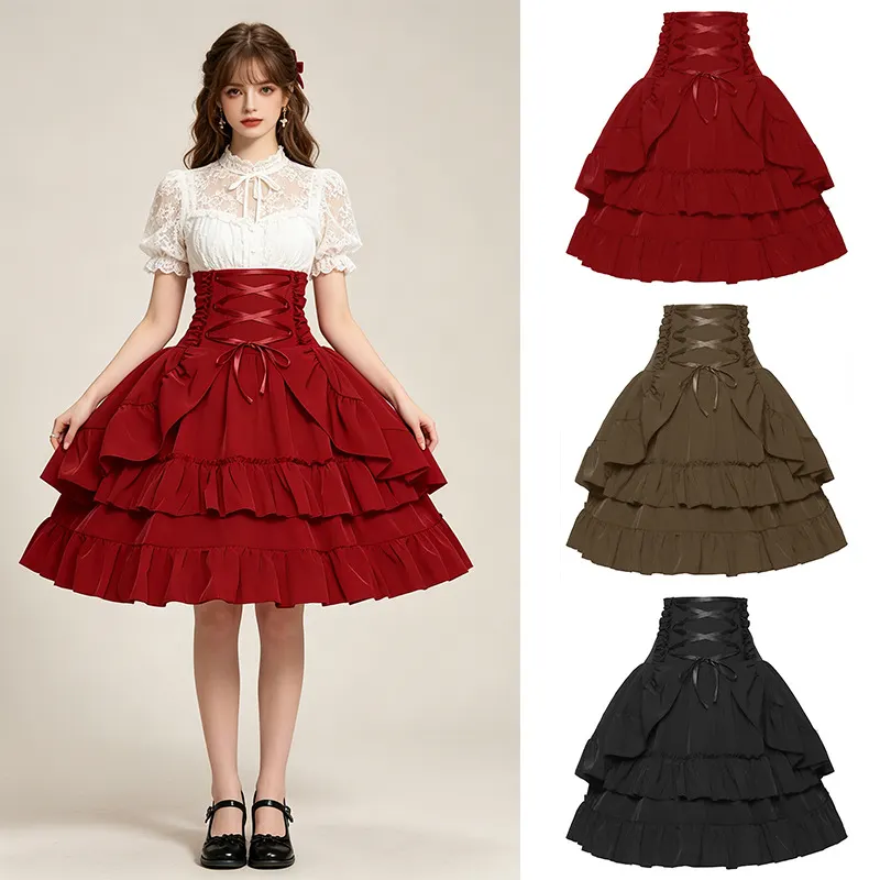 Black Victorian-style high-waist court skirt with a double-layer design for Renaissance and Halloween costumes.