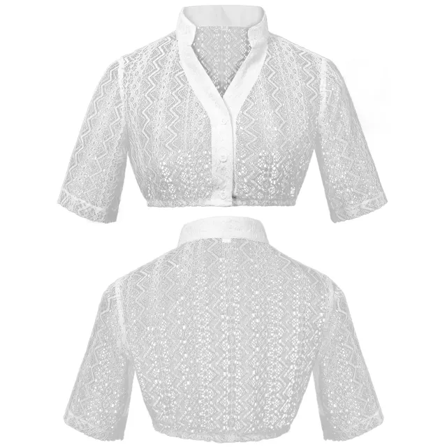 Women's white lace drawstring corset top for Oktoberfest costumes, shown as a short-sleeve inner layer.